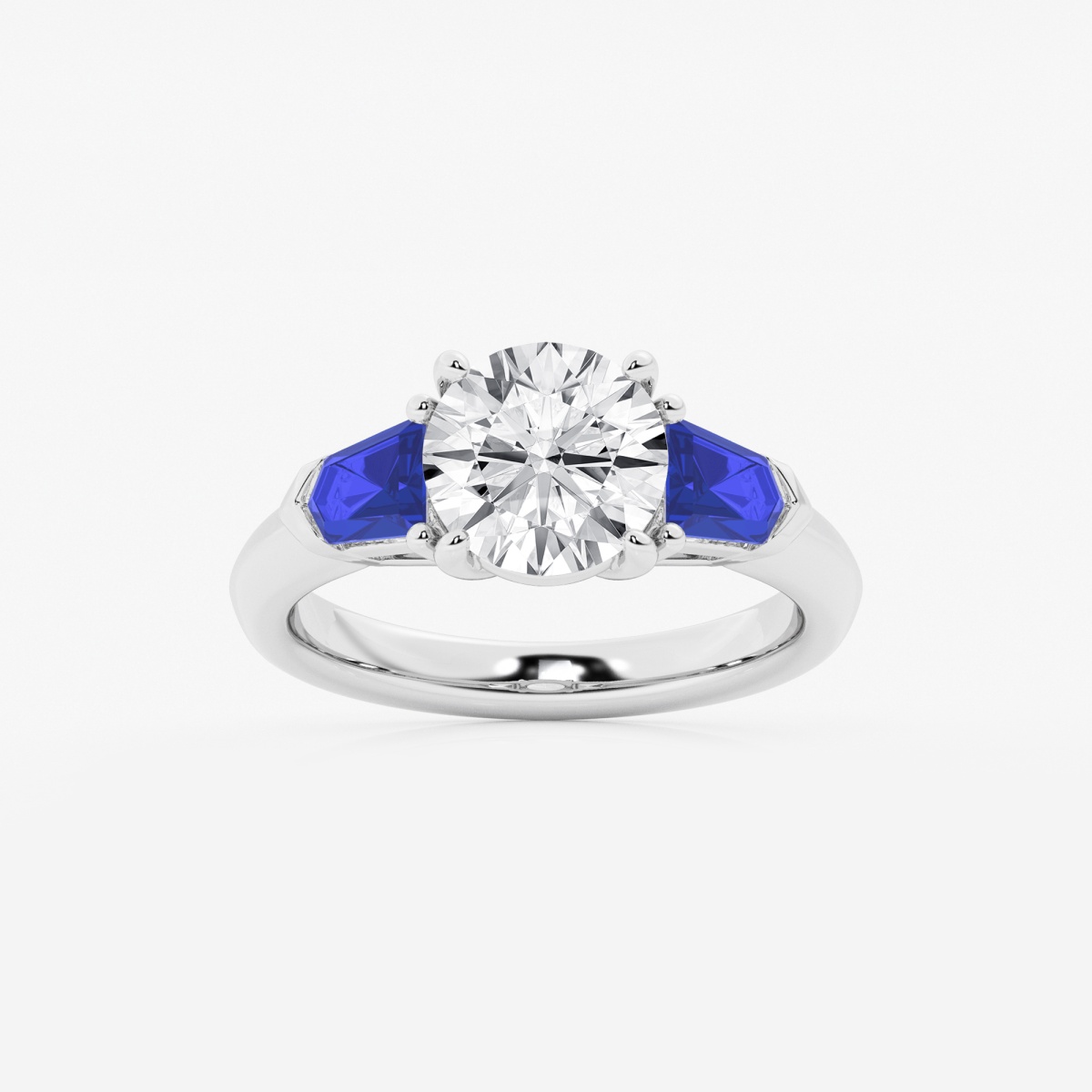 3 ctw Round Lab Grown Diamond and 5.0x4.2 mm Bullet Shape Created Sapphire Side Stone Engagement Ring