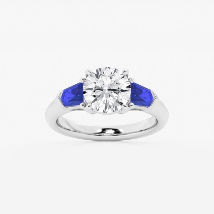 3 ctw Round Lab Grown Diamond and 5.0x4.2 mm Bullet Shape Created Sapphire Side Stone Engagement Ring