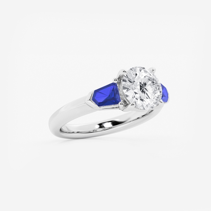 3 ctw Round Lab Grown Diamond and 5.0x4.2 mm Bullet Shape Created Sapphire Side Stone Engagement Ring