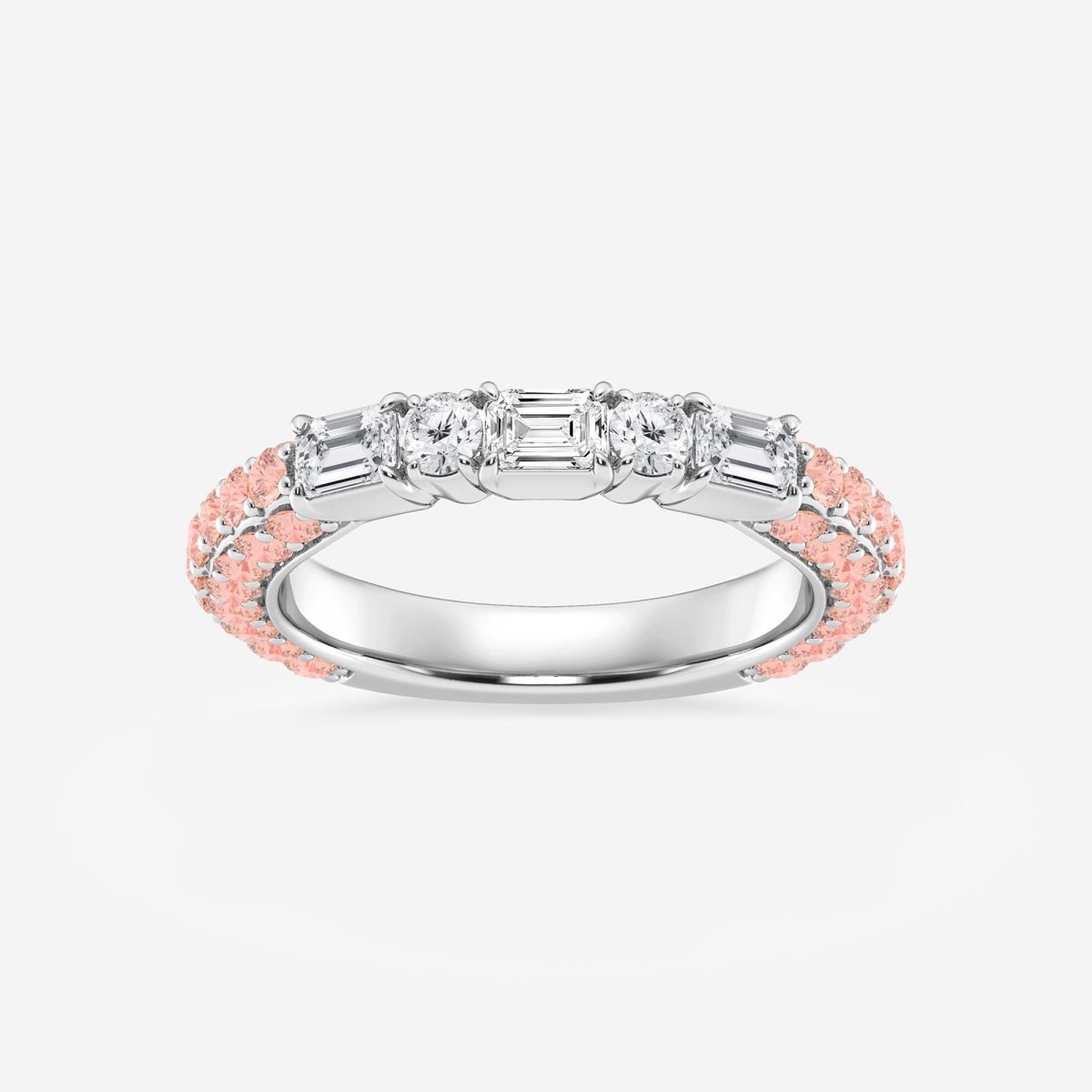 5/8 ctw Emerald & Round Lab Grown Diamond Rollover Fashion Band with 1.8 mm Pink Sapphire Side Stones