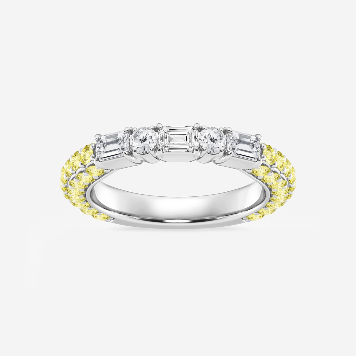 5/8 ctw Emerald & Round Lab Grown Diamond Rollover Fashion Band with 1.8 mm Yellow Sapphire Side Stones