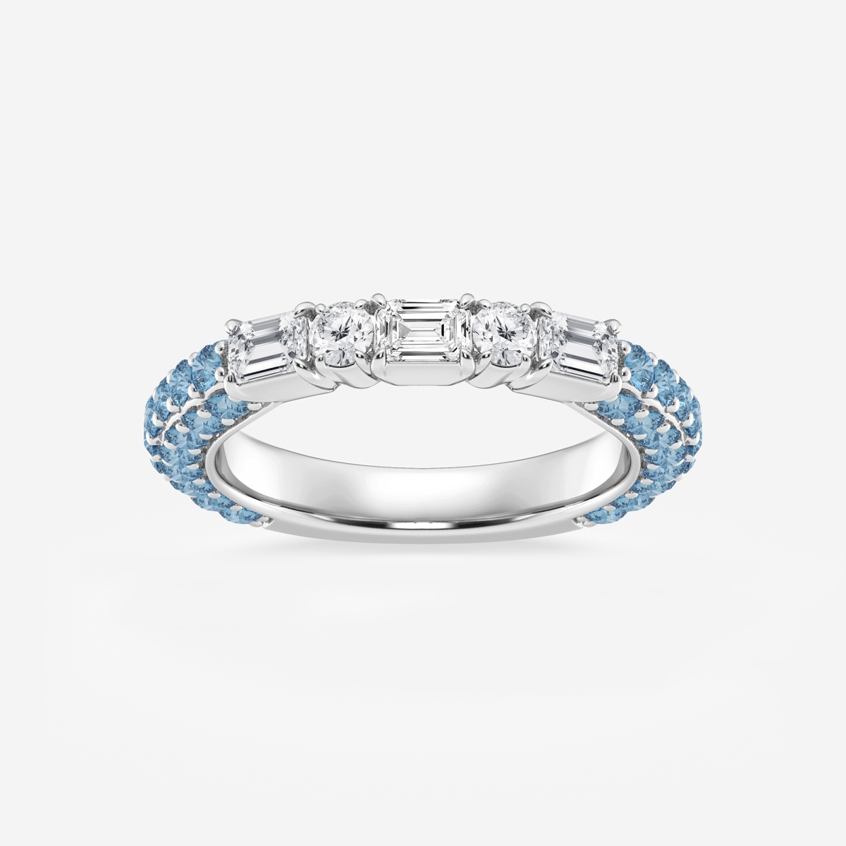 5/8 ctw Emerald & Round Lab Grown Diamond Rollover Fashion Band with 1.8 mm Blue Topaz Side Stones