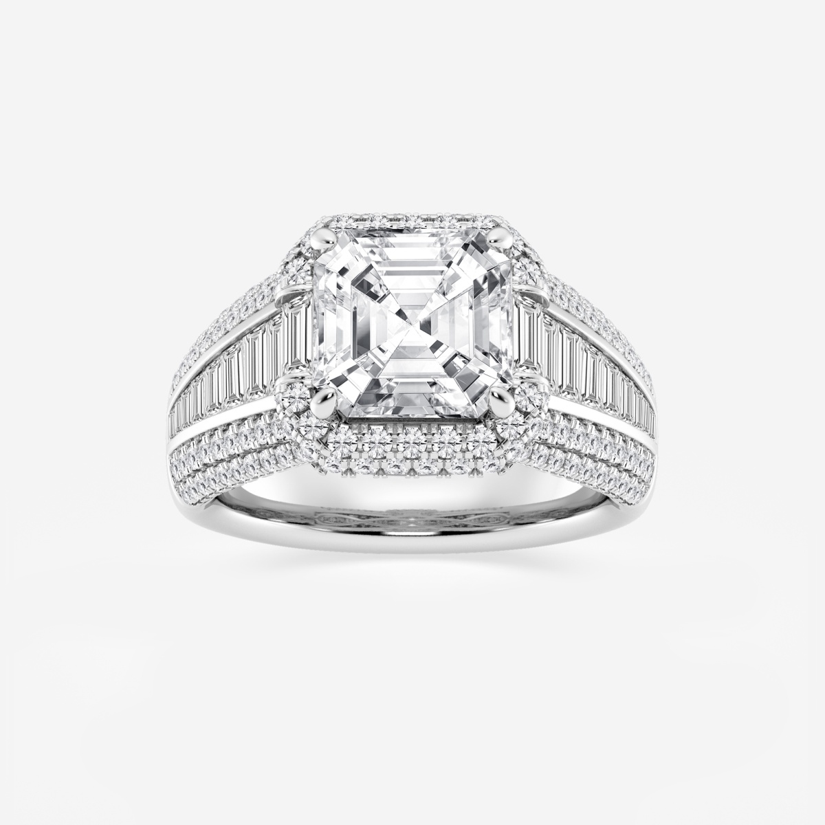 6 ctw Asscher Lab Grown Diamond Solitaire Engagement Ring with Round and Baguette Side Accents