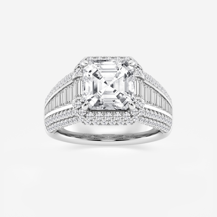 6 ctw Asscher Lab Grown Diamond Solitaire Engagement Ring with Round and Baguette Side Accents