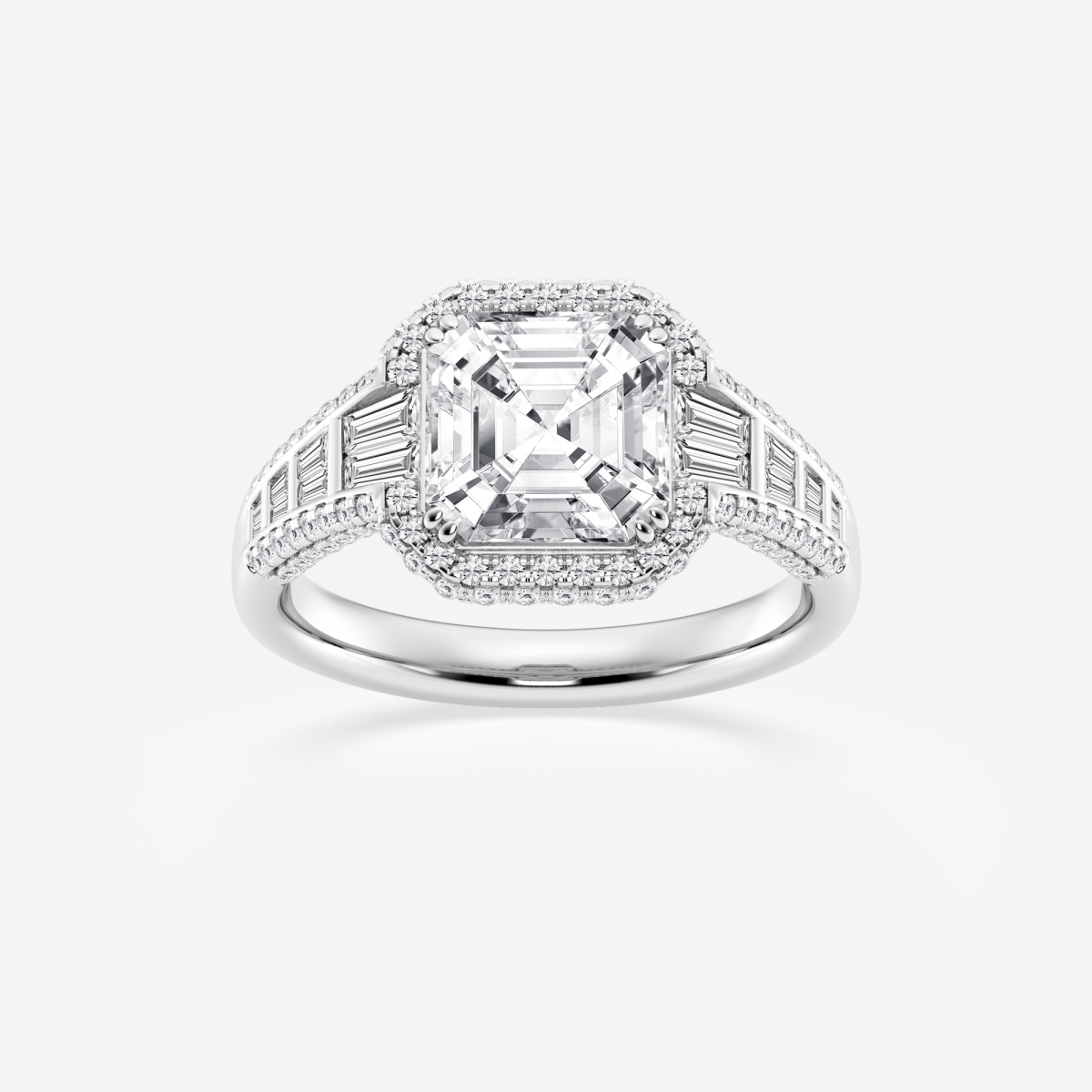4 ctw Asscher Lab Grown Diamond Solitaire Engagement Ring with Round and Baguette Side Accents