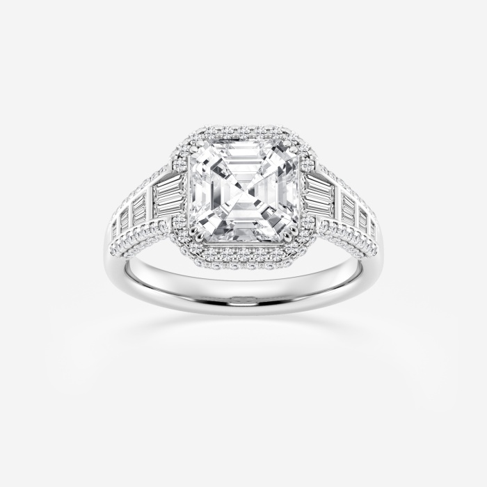 4 ctw Asscher Lab Grown Diamond Solitaire Engagement Ring with Round and Baguette Side Accents