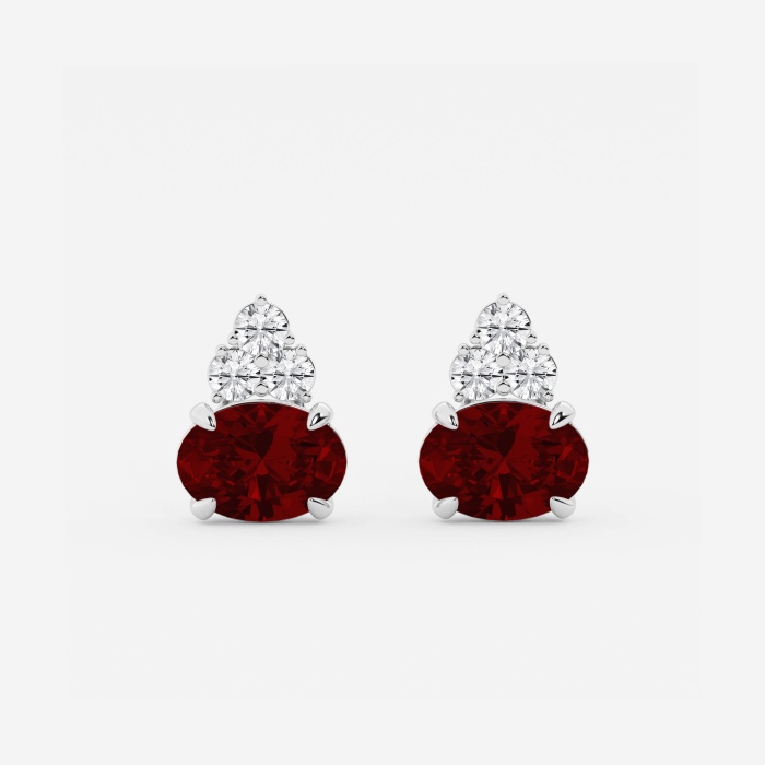 11x8mm East-West Oval Cut Created Ruby with 3/4 ctw Round Lab Grown Diamond Cluster Fashion Earrings