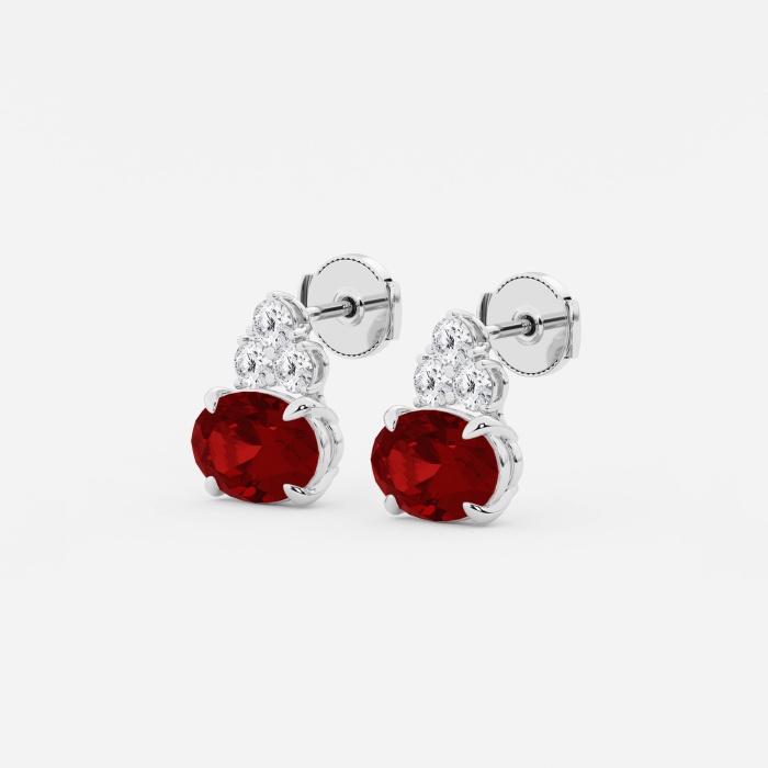 11x8mm East-West Oval Cut Created Ruby with 3/4 ctw Round Lab Grown Diamond Cluster Fashion Earrings