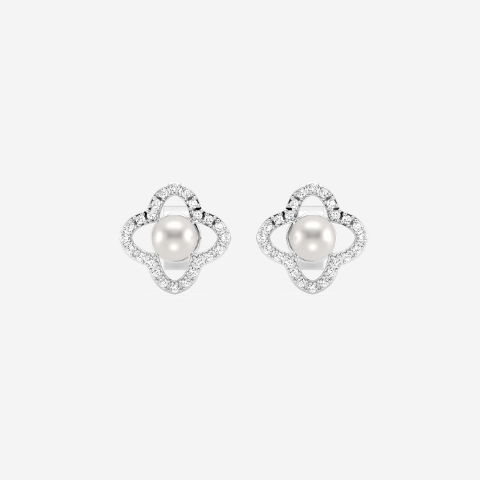 3.5 - 4.0 mm Cultured Freshwater Pearl and 1/5 ctw Lab Grown Diamond Clover Drop Earrings