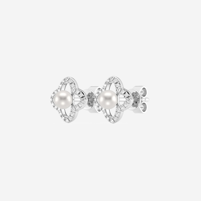 3.5 - 4.0 mm Cultured Freshwater Pearl and 1/5 ctw Lab Grown Diamond Clover Drop Earrings