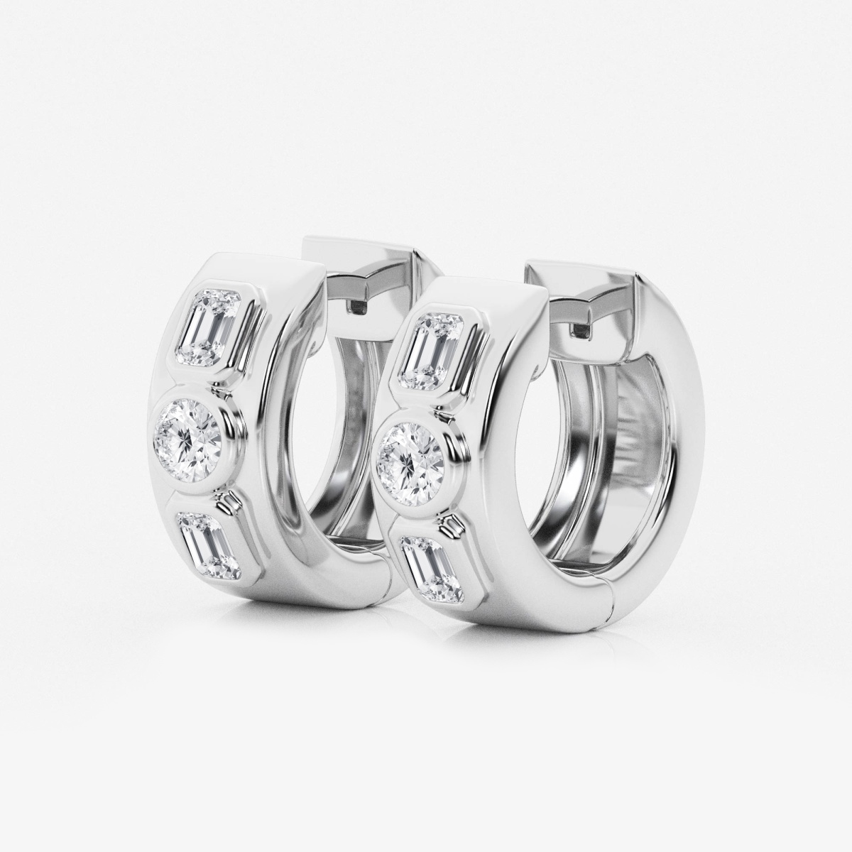 Additional Image 1 for  1 ctw Round and Emerald Lab Grown Diamond Three Stone Huggie Hoop Earrings