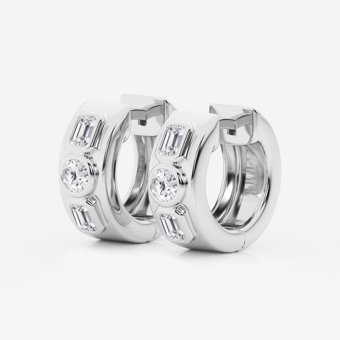 1 ctw Round and Emerald Lab Grown Diamond Three Stone Huggie Hoop Earrings