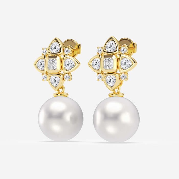 14 mm Cultured Freshwater Pearl and 2 ctw Lab Grown Diamond Fashion Earrings