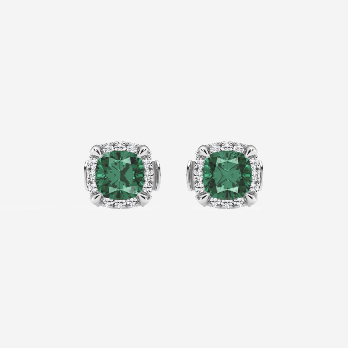 4.6 mm Cushion Cut Created Emerald and 1/5 ctw Round Lab Grown Diamond Shadow Halo Stud Earrings