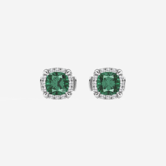 4.6 mm Cushion Cut Created Emerald and 1/5 ctw Round Lab Grown Diamond Shadow Halo Stud Earrings