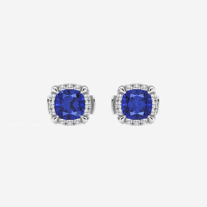 7.0 mm Cushion Cut Created Sapphire and 1/3 ctw Round Lab Grown Diamond Shadow Halo Stud Earrings