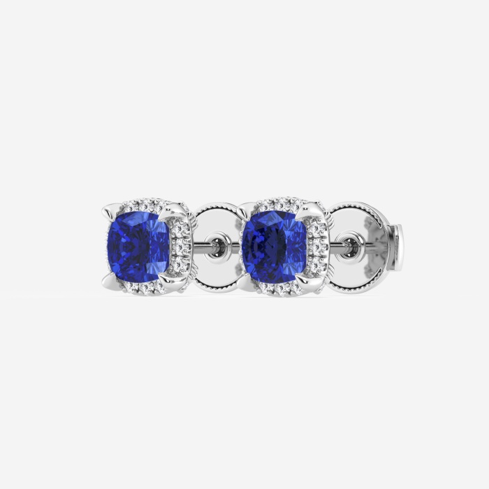 7.0 mm Cushion Cut Created Sapphire and 1/3 ctw Round Lab Grown Diamond Shadow Halo Stud Earrings