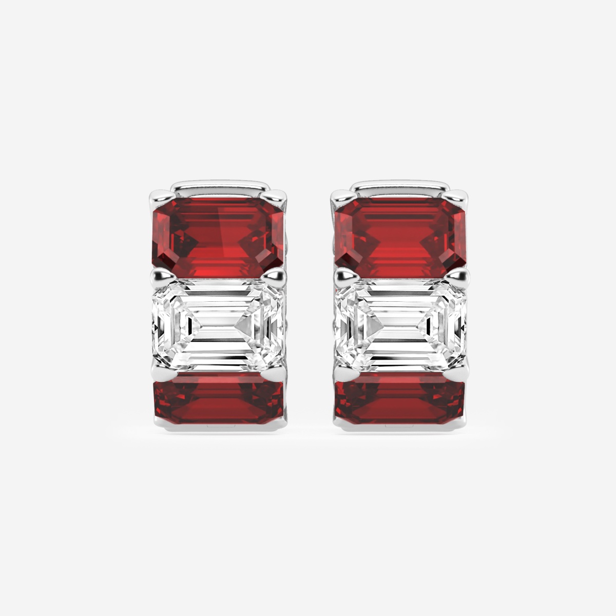 6.8x4.75 mm Emerald Cut Created Ruby and 4 ctw Emerald Lab Grown Diamond Huggie Hoop Earrings