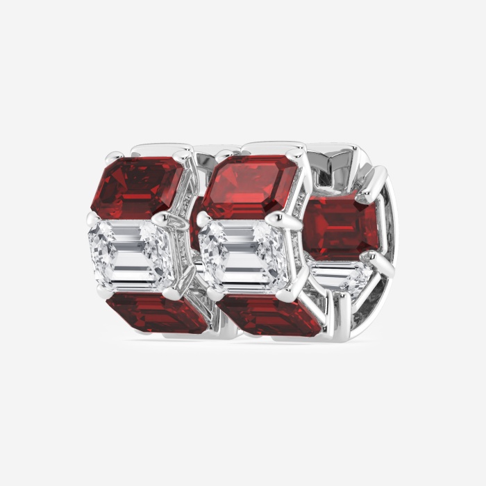 6.8x4.75 mm Emerald Cut Created Ruby and 4 ctw Emerald Lab Grown Diamond Huggie Hoop Earrings