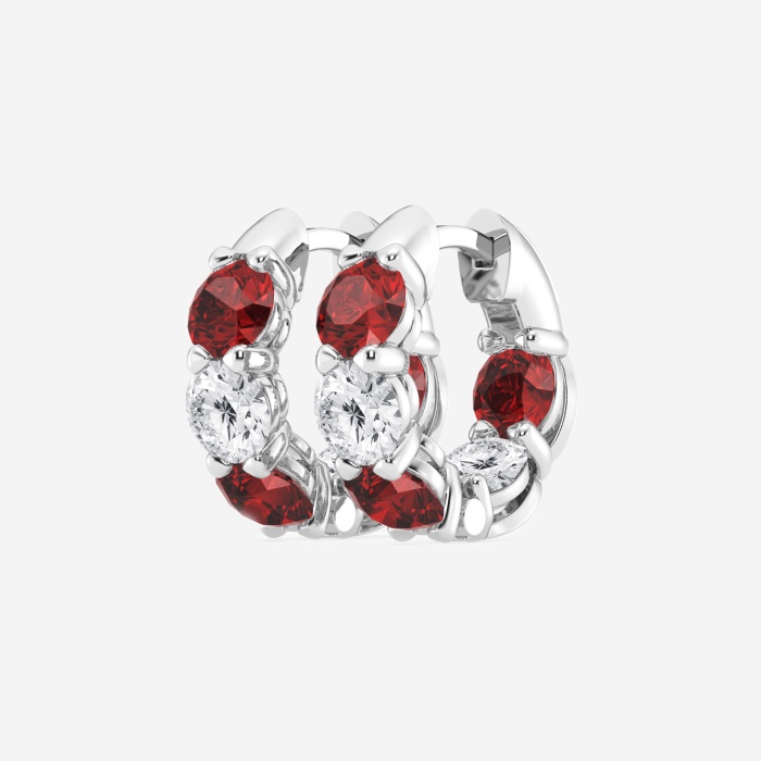 4.3 mm Round Created Ruby and 1 1/3 ctw Round Lab Grown Diamond Huggie Hoop Earrings