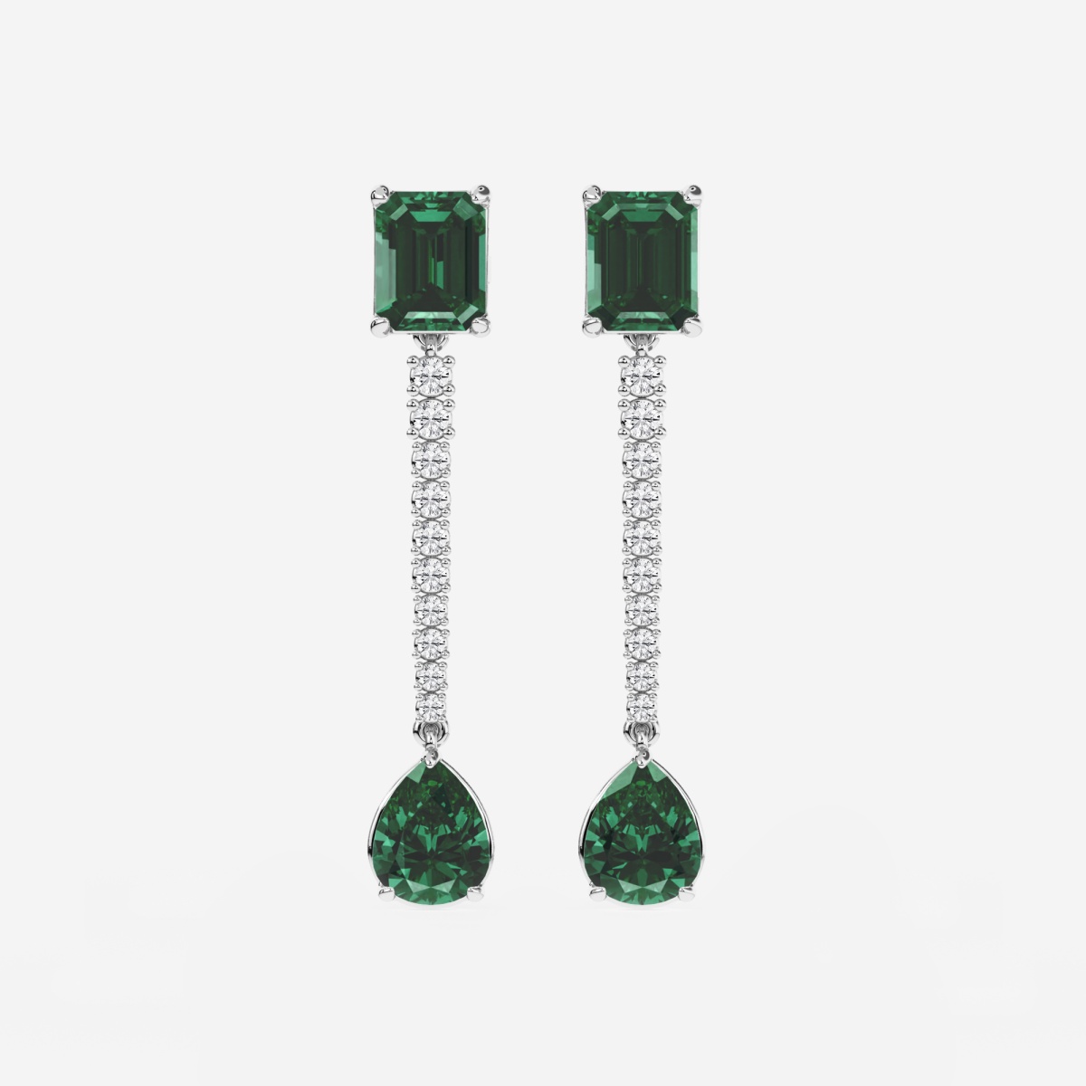 9X7mm Emerald Cut, 10x8mm Pear Cut Created Emerald and 3/4 ctw Round Lab Grown Diamond Linear Earrings