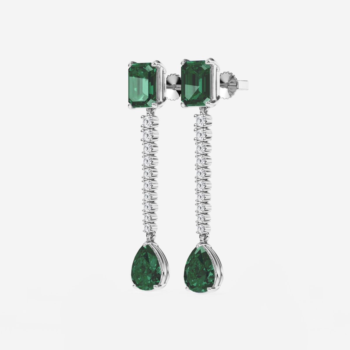 Additional Image 1 for  9X7mm Emerald Cut, 10x8mm Pear Cut Created Emerald and 3/4 ctw Round Lab Grown Diamond Linear Earrings
