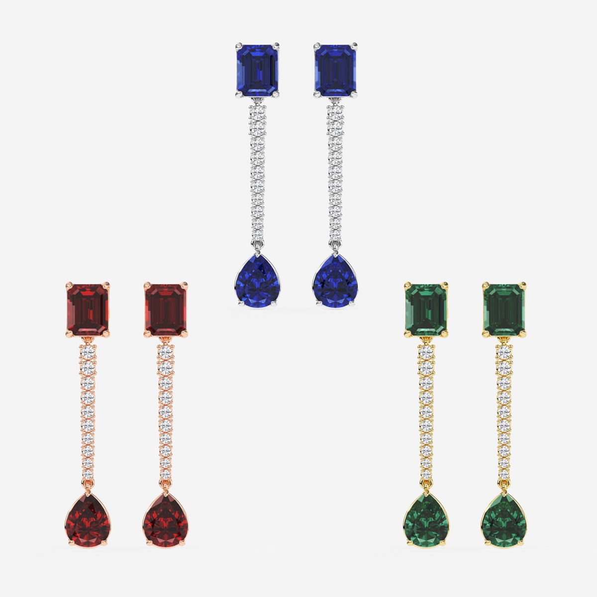 Additional Image 2 for  9X7mm Emerald Cut, 10x8mm Pear Cut Created Emerald and 3/4 ctw Round Lab Grown Diamond Linear Earrings