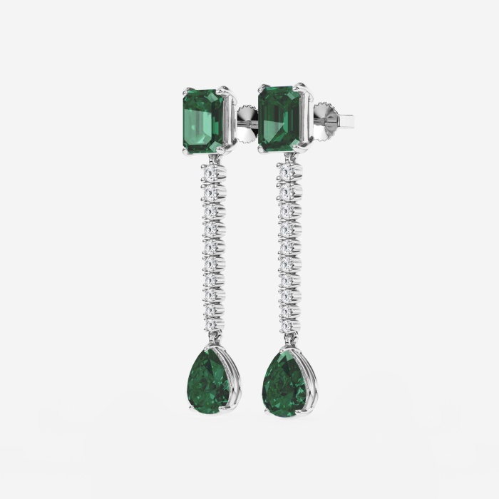 9X7mm Emerald Cut, 10x8mm Pear Cut Created Emerald and 3/4 ctw Round Lab Grown Diamond Linear Earrings