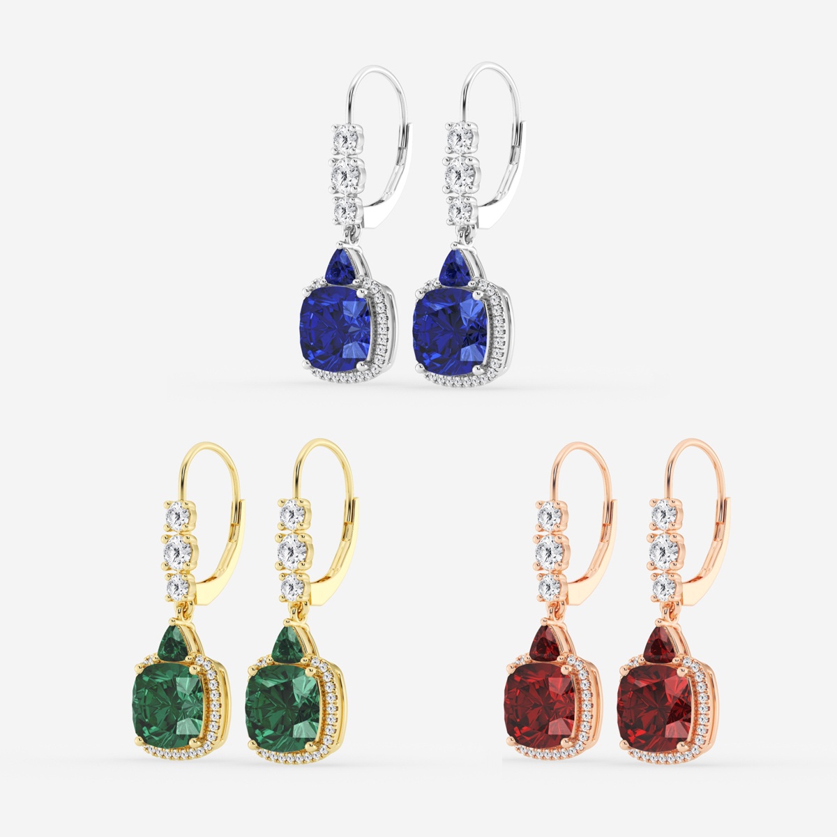 Additional Image 2 for  8mm Cushion, 3.5mm Trillion Cut Created Ruby and 5/8 ctw Round Lab Grown Diamond Drop Earrings