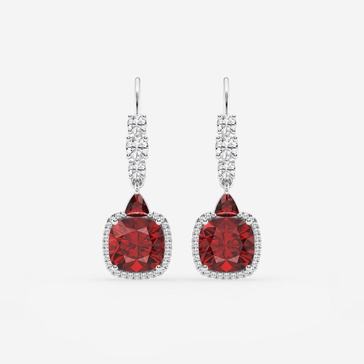 8mm Cushion, 3.5mm Trillion Cut Created Ruby and 5/8 ctw Round Lab Grown Diamond Drop Earrings