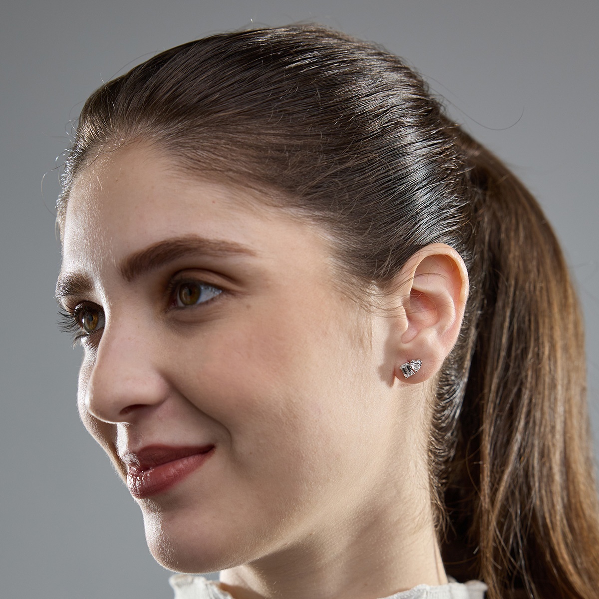 Additional Image 2 for  2 ctw Emerald and Heart Lab Grown Diamond Two Stone Stud Earrings
