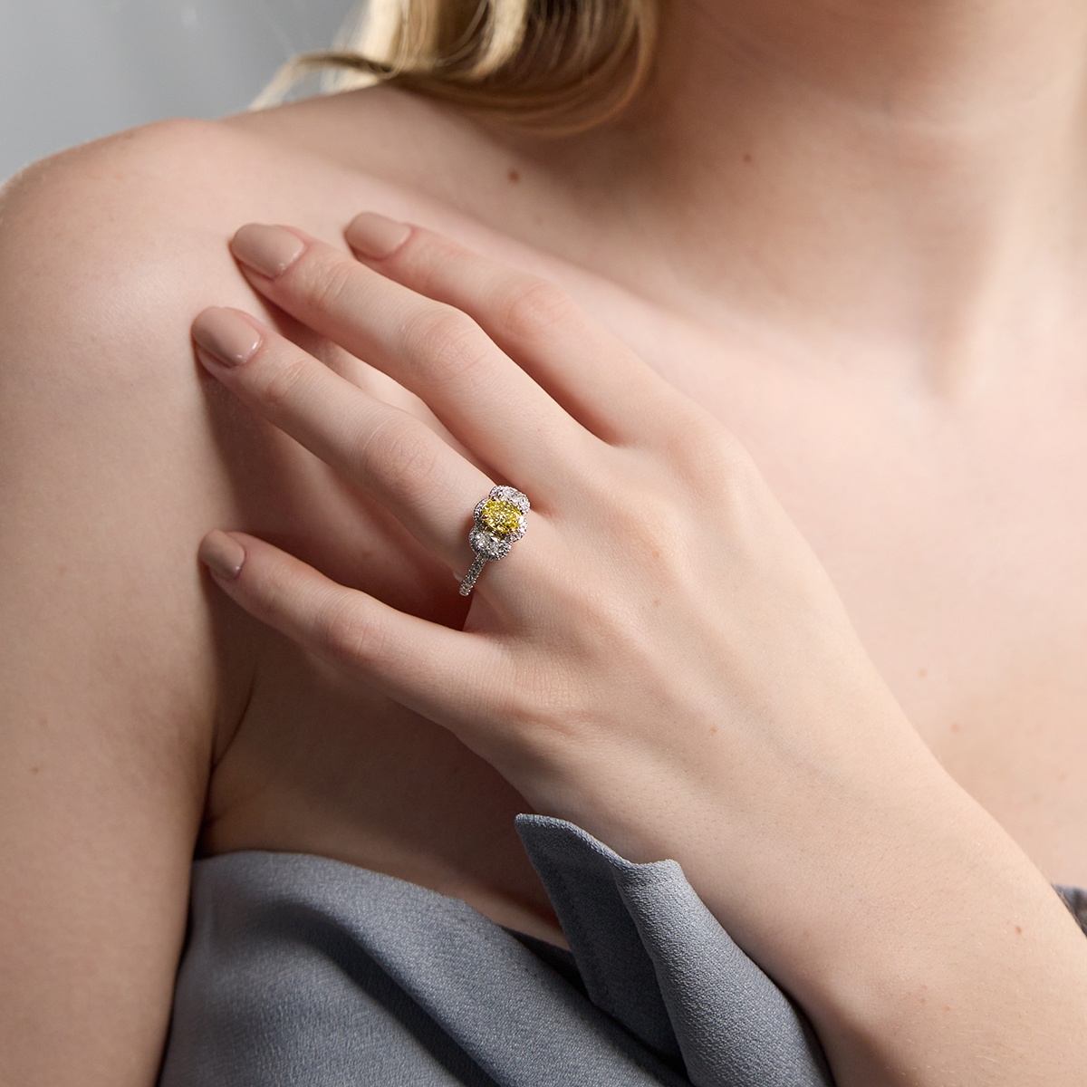 Additional Image 3 for  2 ctw Oval Lab Grown Diamond Framed Fancy Yellow Three-Stone Engagement Ring