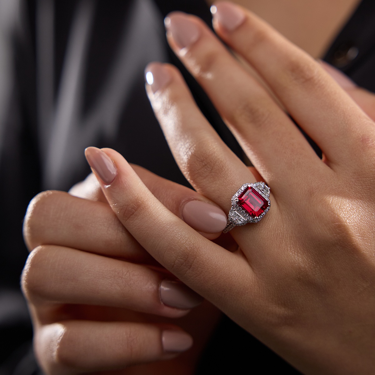 Additional Image 3 for  9X7 mm Radiant Cut Created Ruby and 7/8 ctw Round and Half Moon Lab Grown Diamond Side Stone Engagement Ring