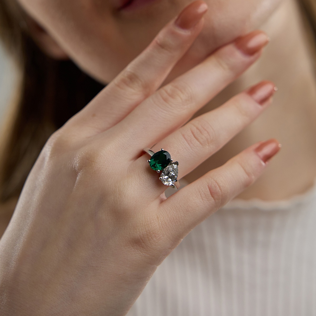 Additional Image 3 for  9x7mm Oval Cut Created Emerald and 1 1/2 ctw Pear Cut Lab Grown Diamond Two Stone Engagement Ring