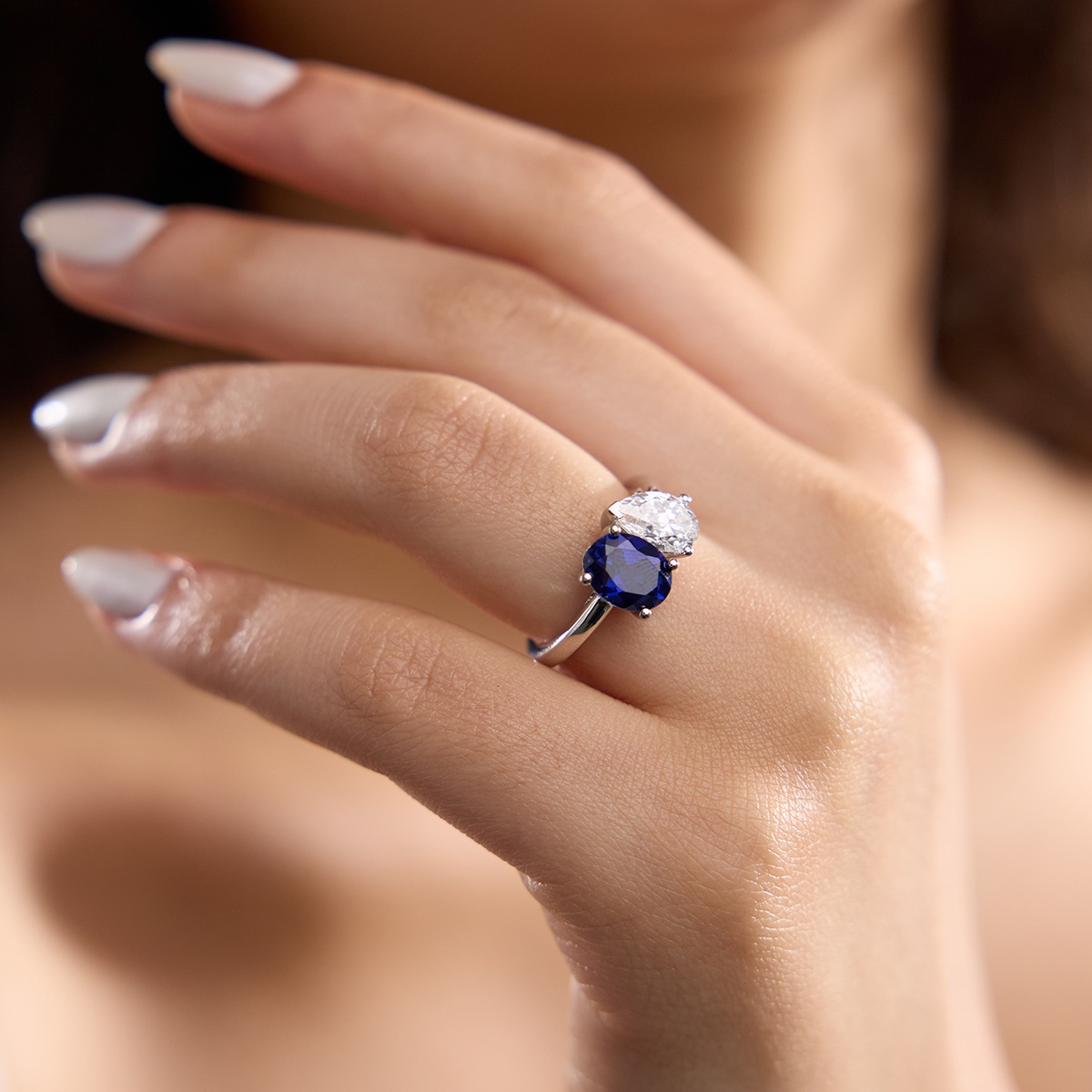 Additional Image 3 for  9x7mm Oval Cut Created Sapphire and 1 1/2 ctw Pear Cut Lab Grown Diamond Two Stone Engagement Ring