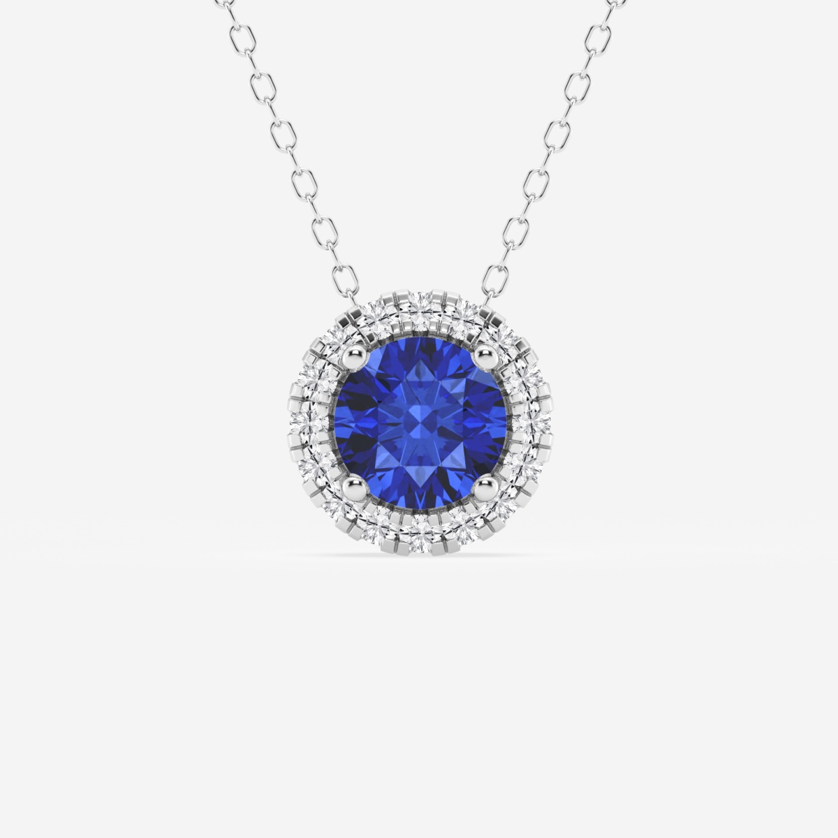 6.5 mm Round Created Sapphire and 1/5 ctw Round Lab Grown Diamond Halo Pendant with Adjustable Chain