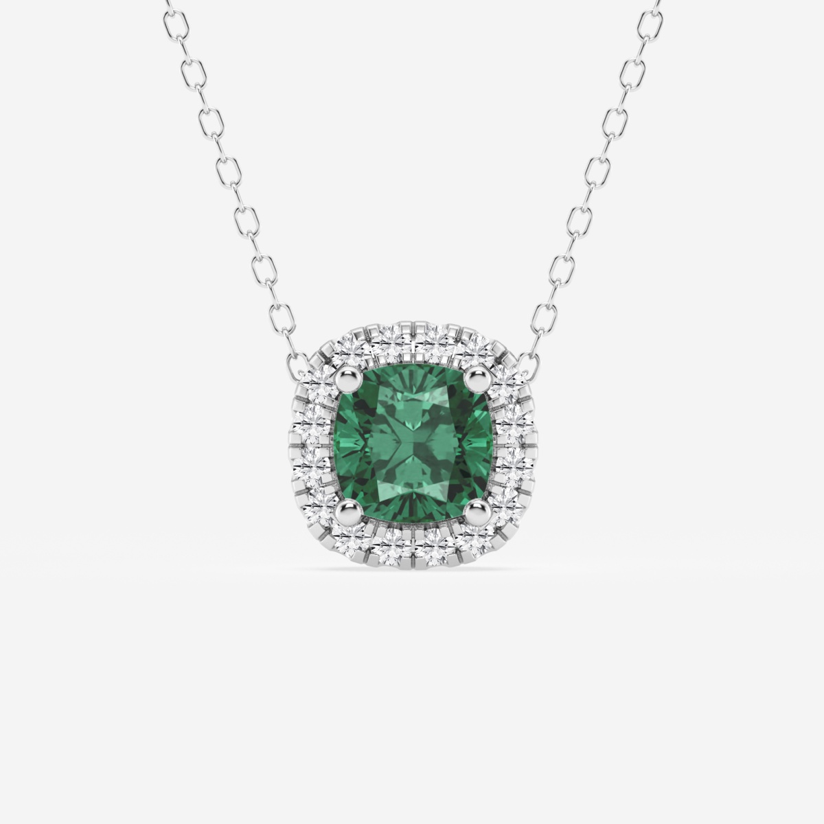 5.7x5.5 mm Cushion Cut Created Emerald and 1/5 ctw Round Lab Grown Diamond Halo Pendant with Adjustable Chain