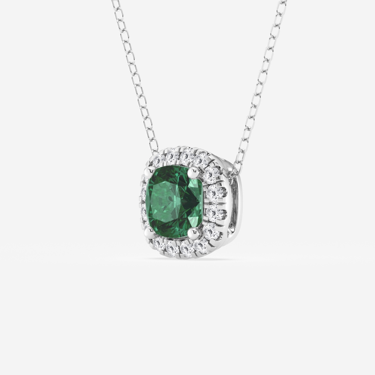 Additional Image 1 for  5.7x5.5 mm Cushion Cut Created Emerald and 1/5 ctw Round Lab Grown Diamond Halo Pendant with Adjustable Chain