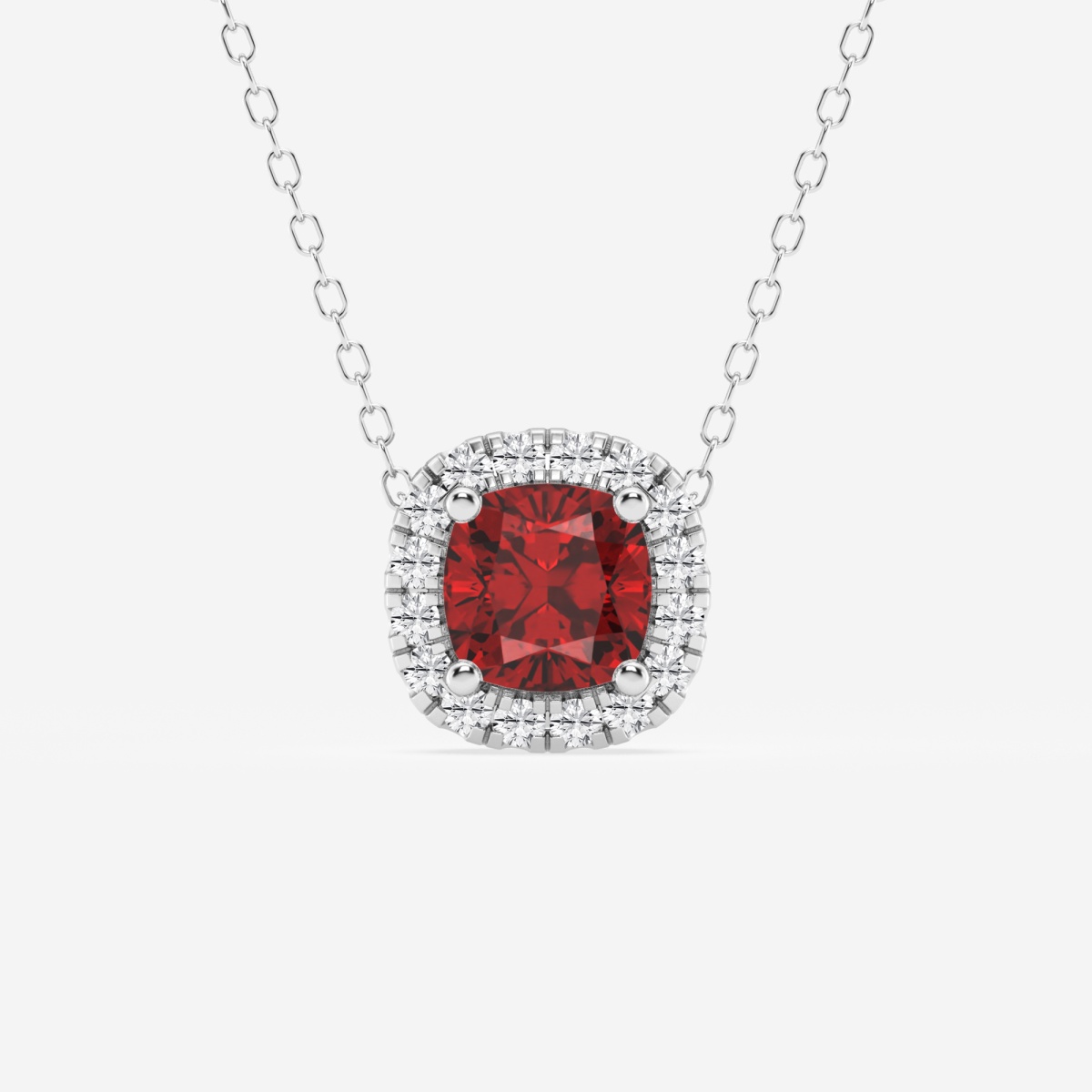 5.7x5.5 mm Cushion Cut Created Ruby and 1/5 ctw Round Lab Grown Diamond Halo Pendant with Adjustable Chain