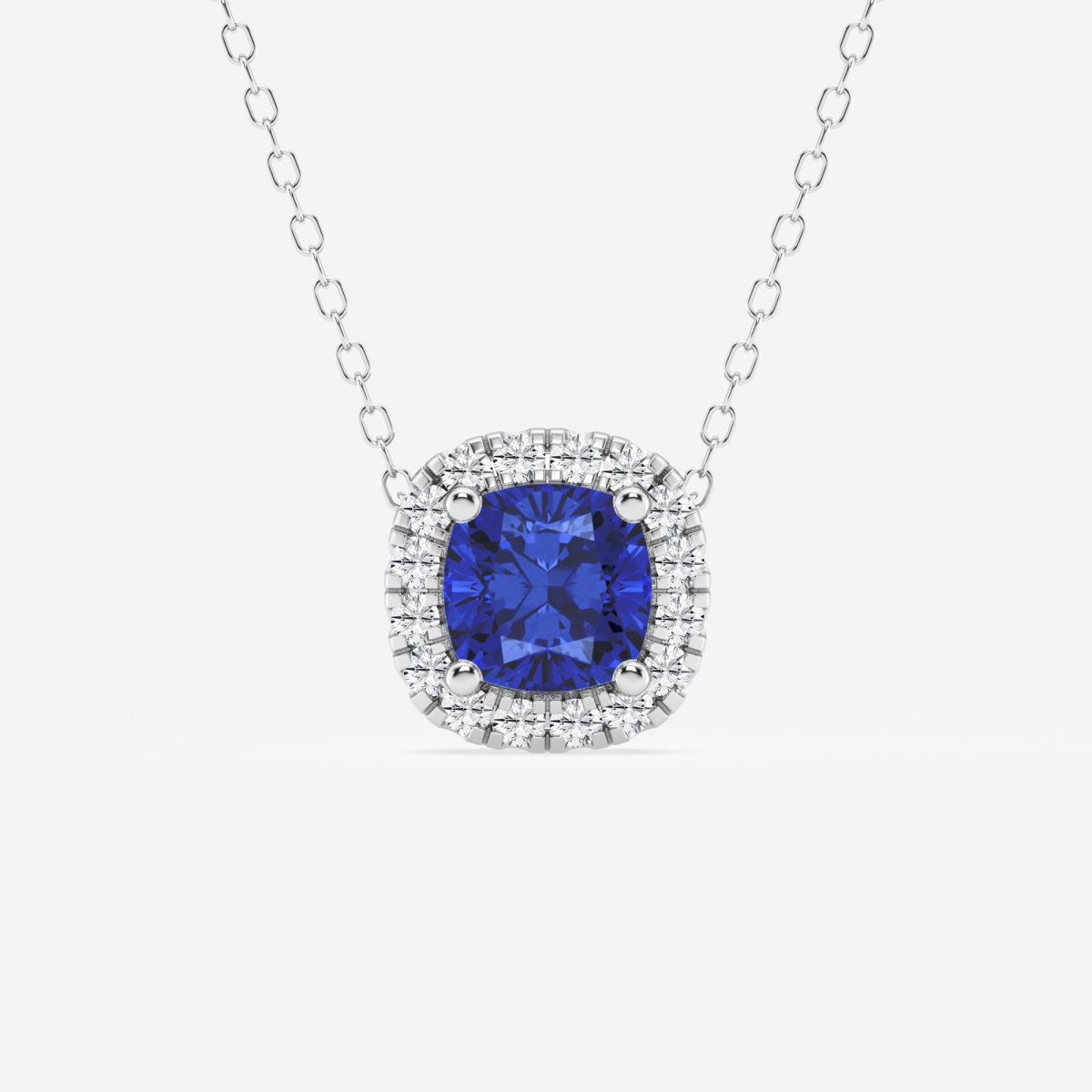 5.7x5.5 mm Cushion Cut Created Sapphire and 1/5 ctw Round Lab Grown Diamond Halo Pendant with Adjustable Chain