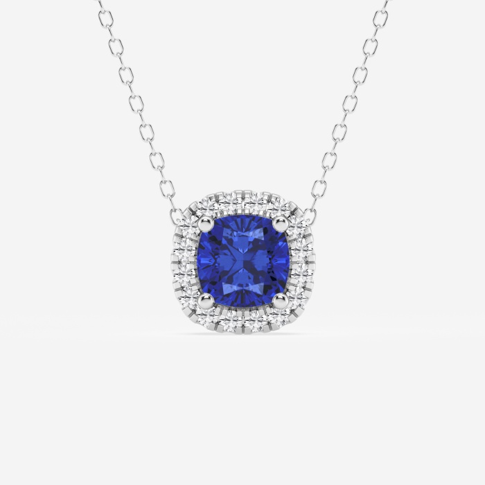 5.7x5.5 mm Cushion Cut Created Sapphire and 1/5 ctw Round Lab Grown Diamond Halo Pendant with Adjustable Chain