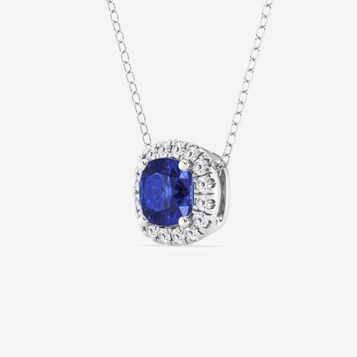 5.7x5.5 mm Cushion Cut Created Sapphire and 1/5 ctw Round Lab Grown Diamond Halo Pendant with Adjustable Chain