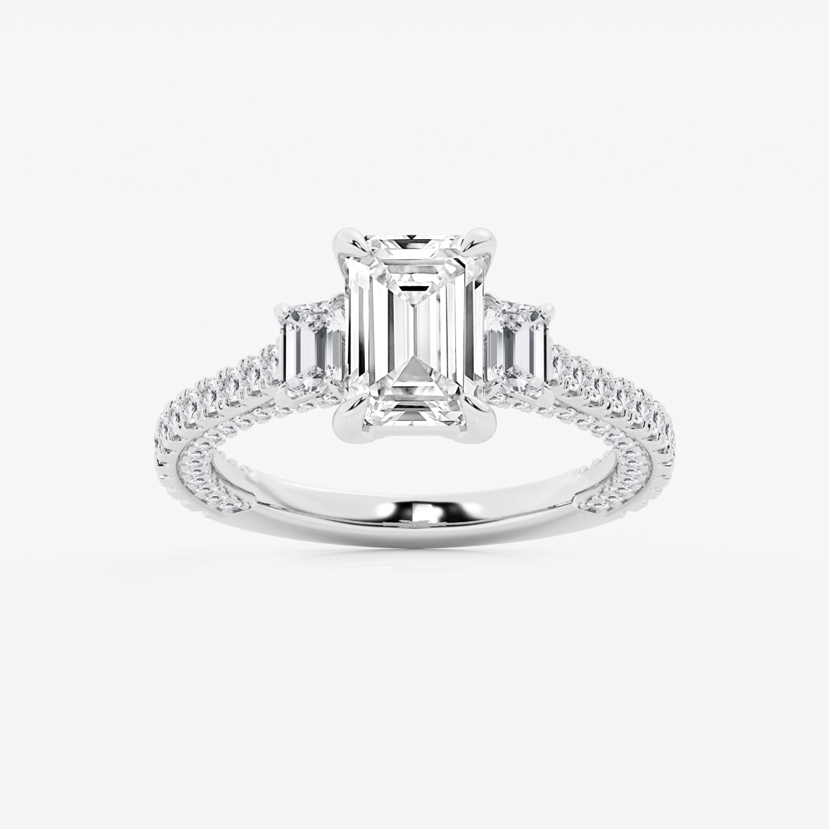 3 1/10 ctw Emerald Lab Grown Diamond Three Stone Engagement Ring with Side Diamonds