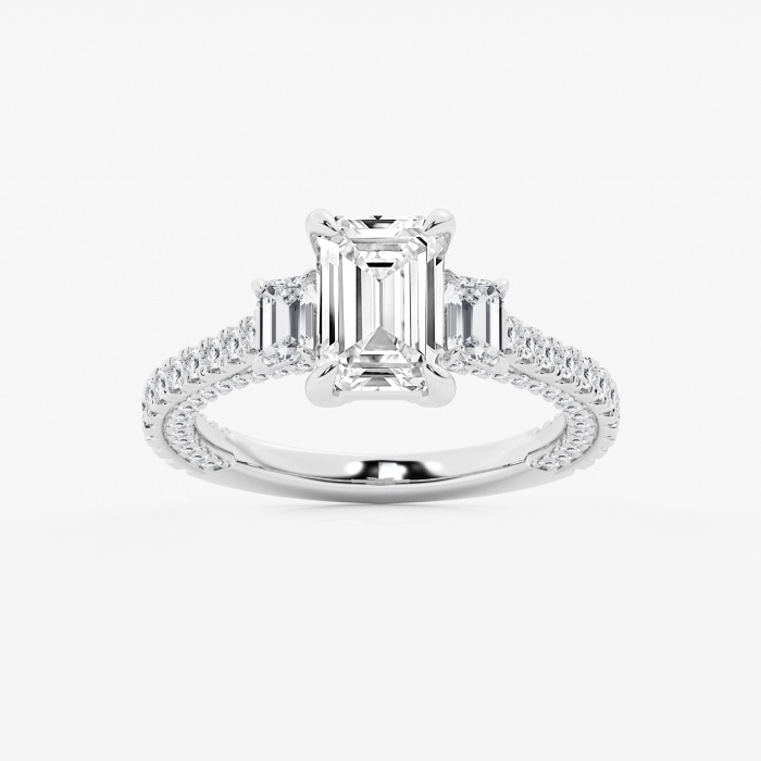 3 1/10 ctw Emerald Lab Grown Diamond Three Stone Engagement Ring with Side Diamonds