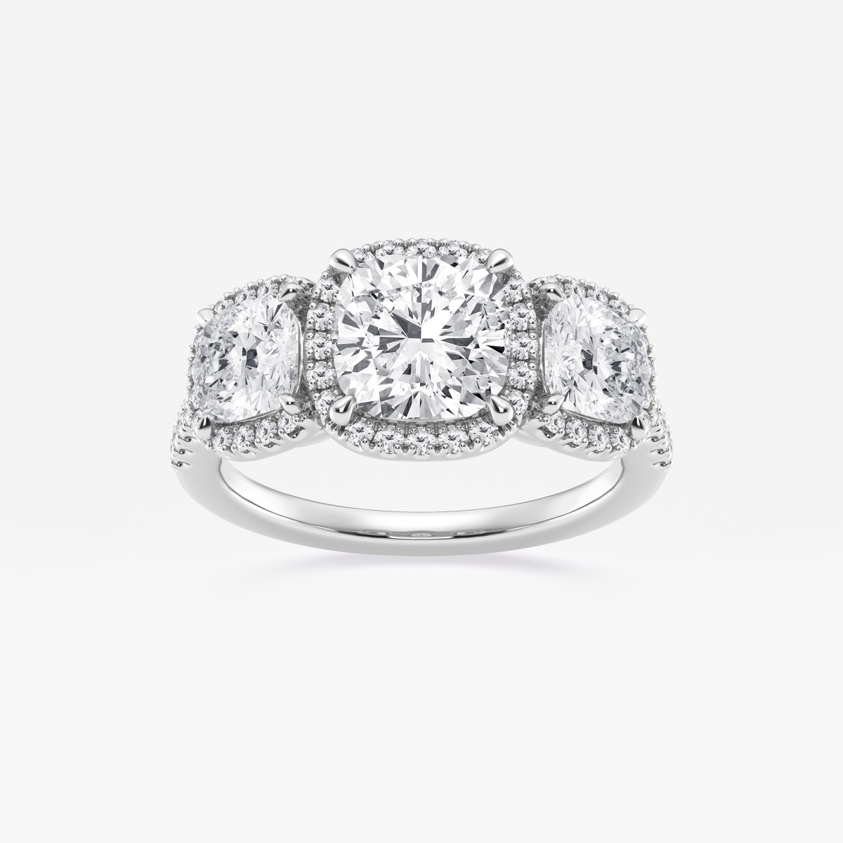 3 3/4 ctw Cushion Lab Grown Diamond Three Stone Halo Engagement Ring