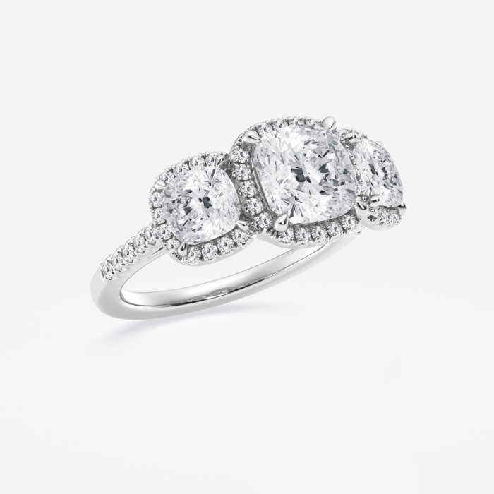 3 3/4 ctw Cushion Lab Grown Diamond Three Stone Halo Engagement Ring