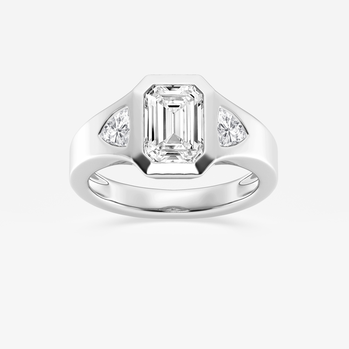 2 5/8 ctw Emerald Lab Grown Diamond Bezel Set With Trillion Three Stone Engagement Ring