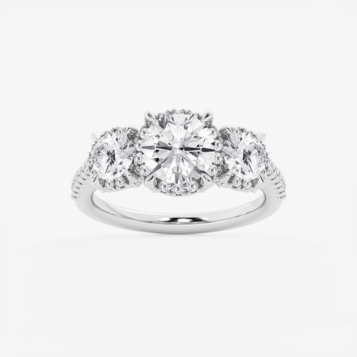 2 7/8 ctw Round Lab Grown Diamond Shadow Halo Three Stone Engagement Ring