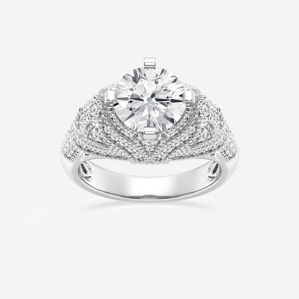 2 1/2 ctw Round Lab Grown Diamond Vintage Inspired Old Mine Cut Edwardian Style Engagement Ring