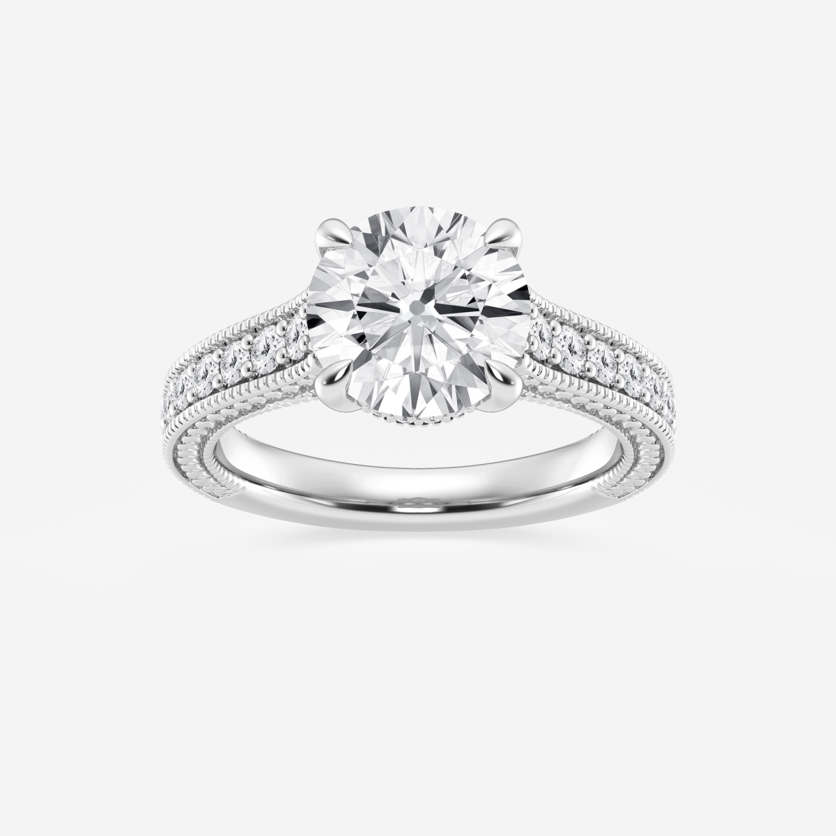 3 1/2 ctw Round Lab Grown Diamond Old Mine Cut Filigree Side Stone Engagement Ring